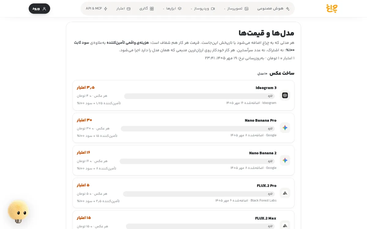 صفحهی مدلها و قیمتهای چراغ با قیمت هر ثانیهی مدلهای ویدیو